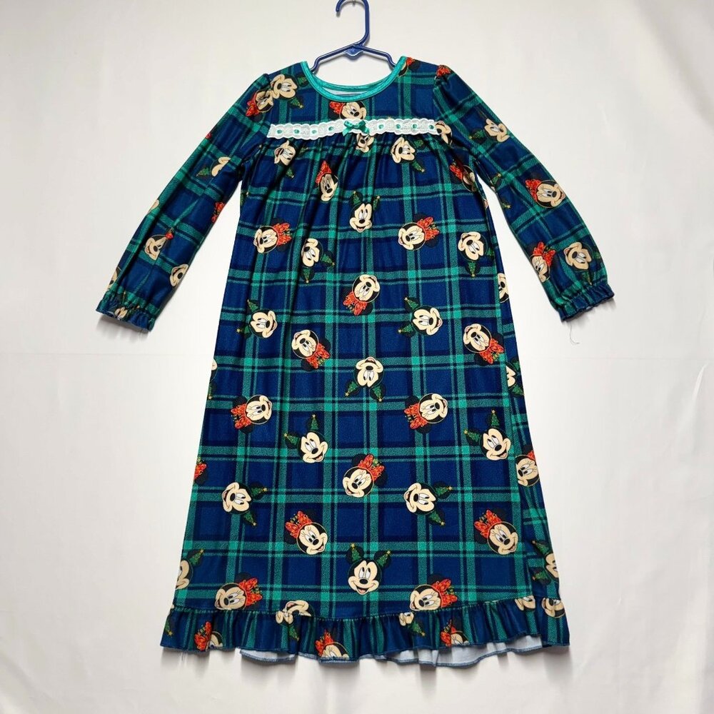 Disney Minnie Mouse Girls Flame Resistant Nightgown Size 6 Blue/Green Plaid